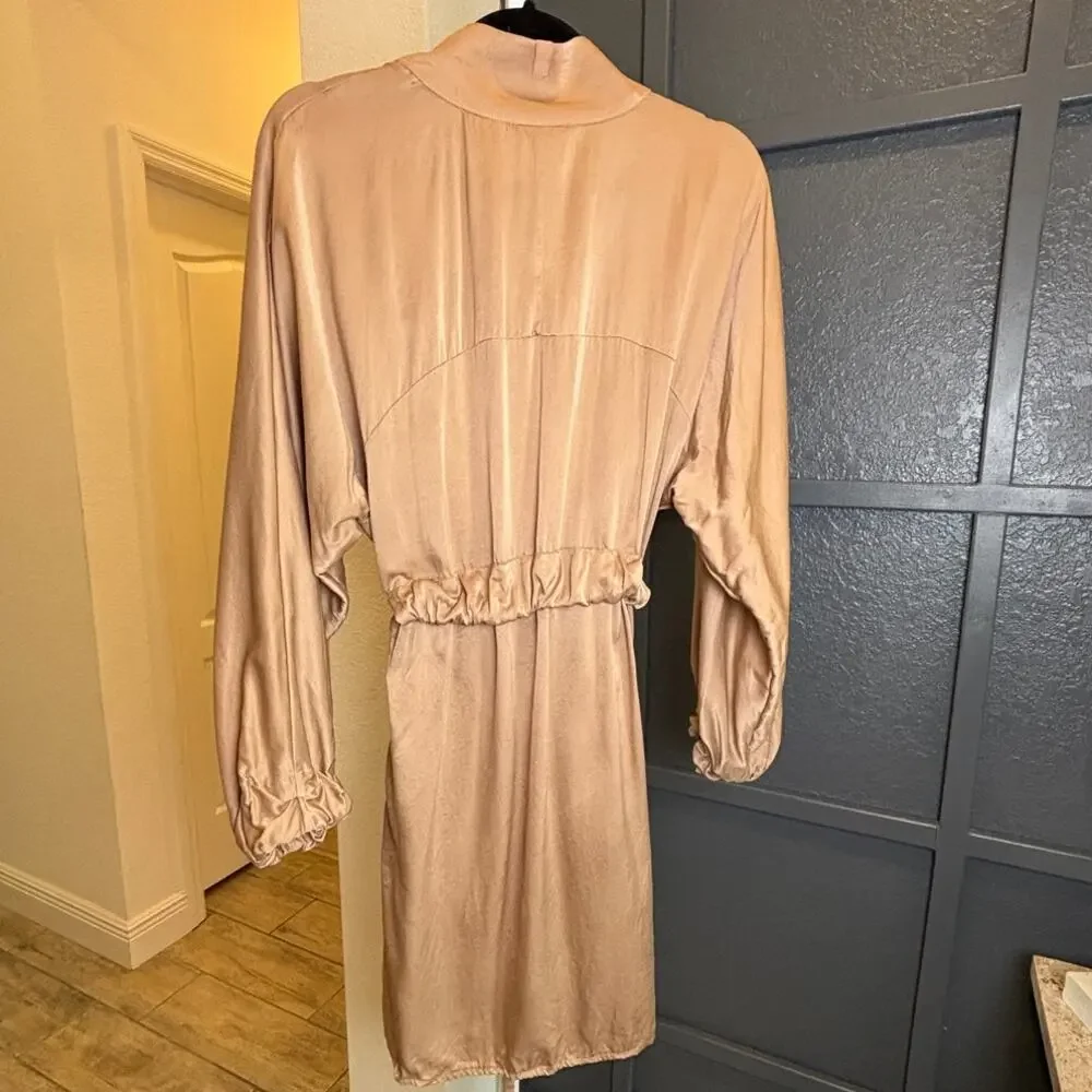 Lunya Washable Silk Nude Tan Long Sleeve Short Robe With Pockets, XS S EUC